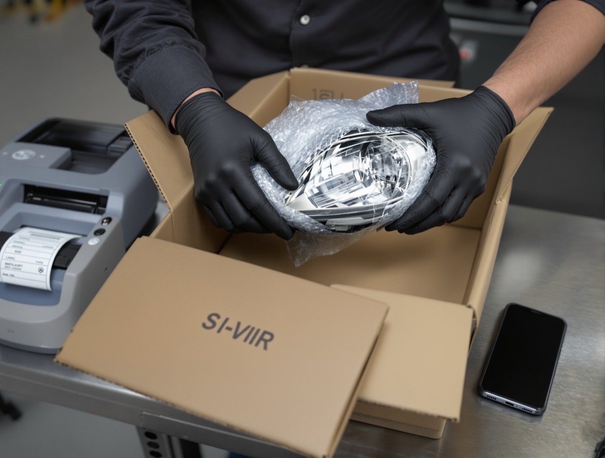 Ein Scheinwerfer wird für den Versand verpackt